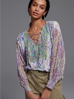 NWT ANTHROPOLOGIE Odetta Embroidered Lace-Up V-Neck Blouse